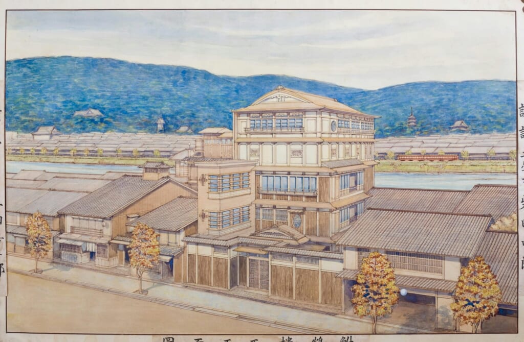 明治時代に創業した当時の鮒鶴の外観写真。京都の歴史ある建築の風情を感じる一枚。